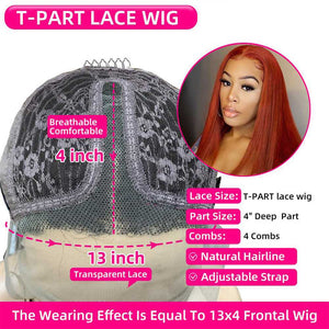 Orange Ginger Straight Hair T Part Lace Wig Colored Human Hair Wigs