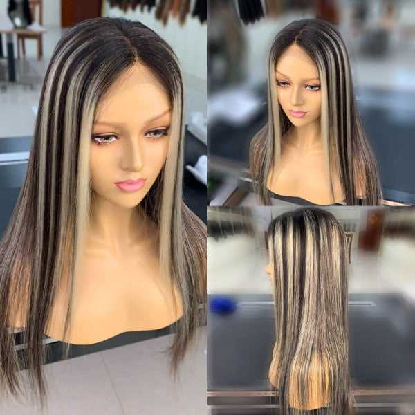 New In】Blonde Highlights 13*4 Transparent Lace Frontal Closure Wig Skunk  Stripe Hair Wigs 250% Density Silky Soft Human Hair