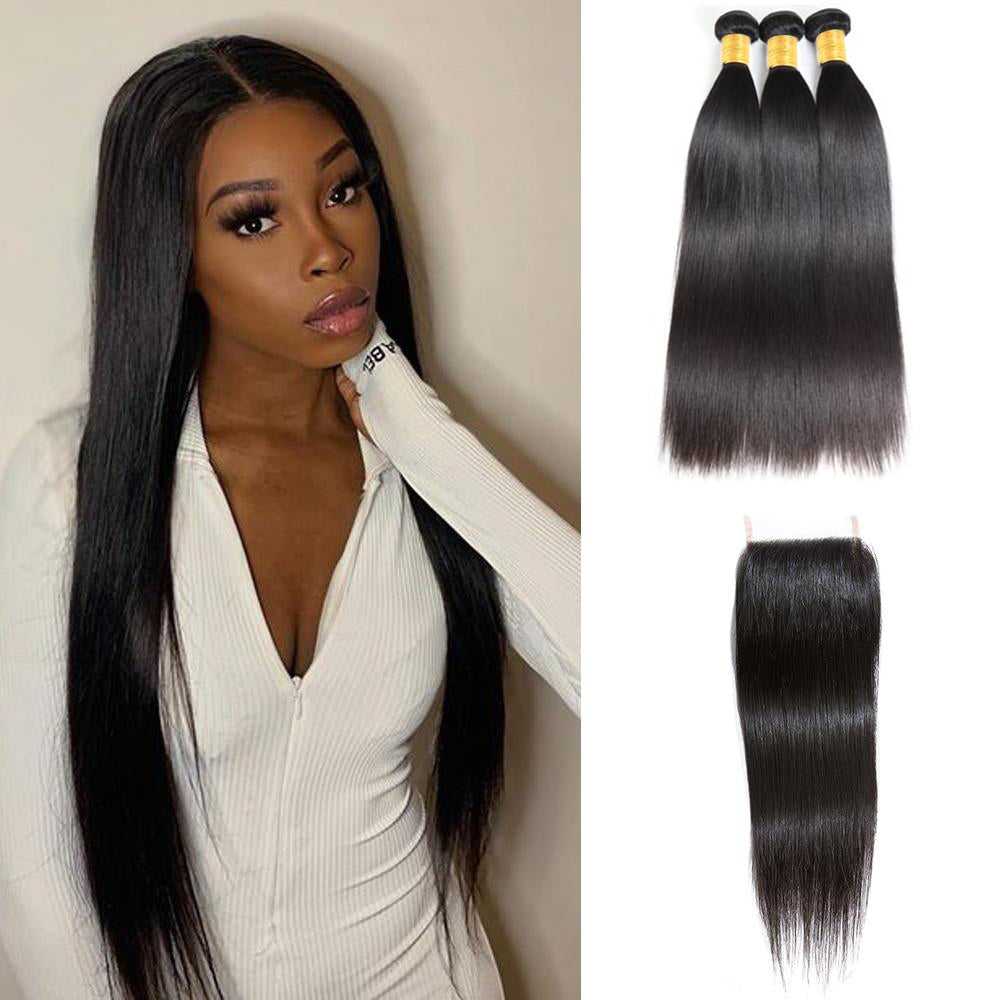 Sdamey Straight Hair Bundles With 6X6 Lace Closure 3 Bundles With Closure