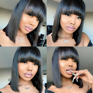 Sdamey Short Straight Bob Wigs with Bangs Full Machine Made No Lace Wig
