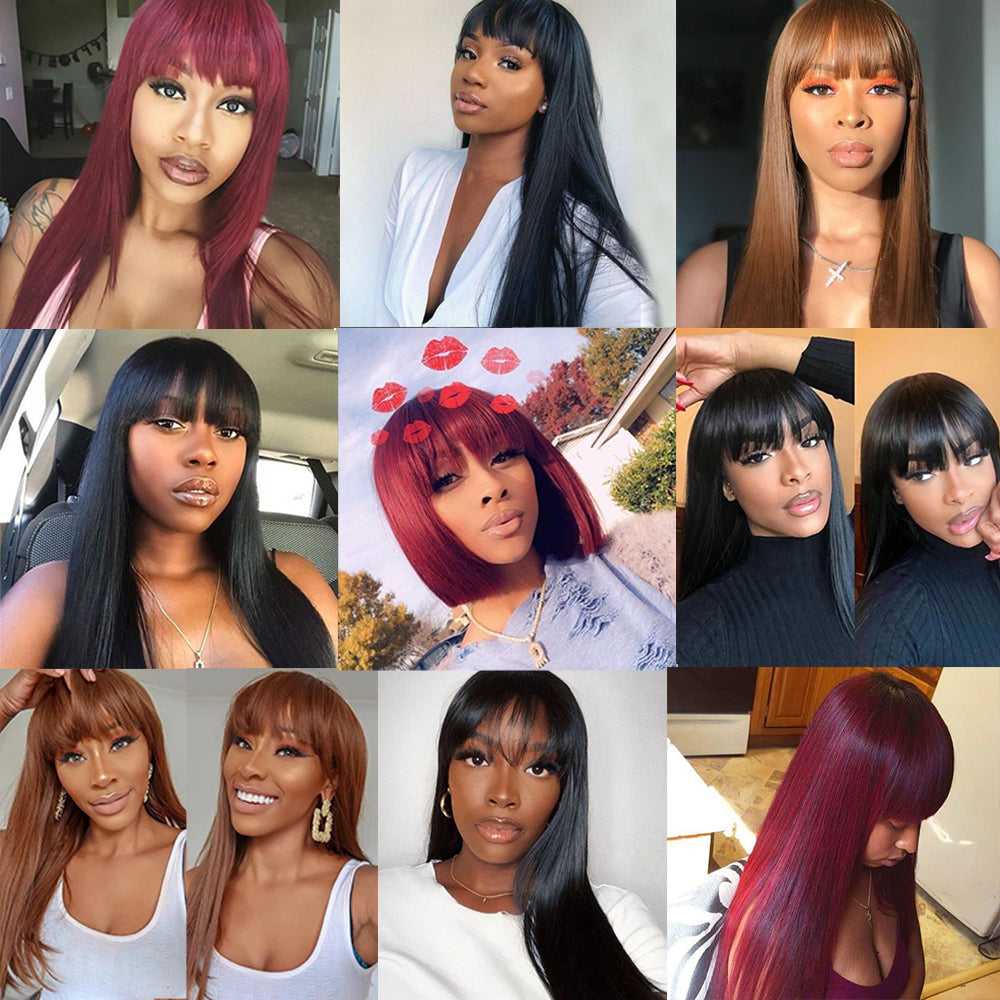 Straight Human Hair Wigs With Bangs Full Machine Made Wigs Natural/# 99J / #27