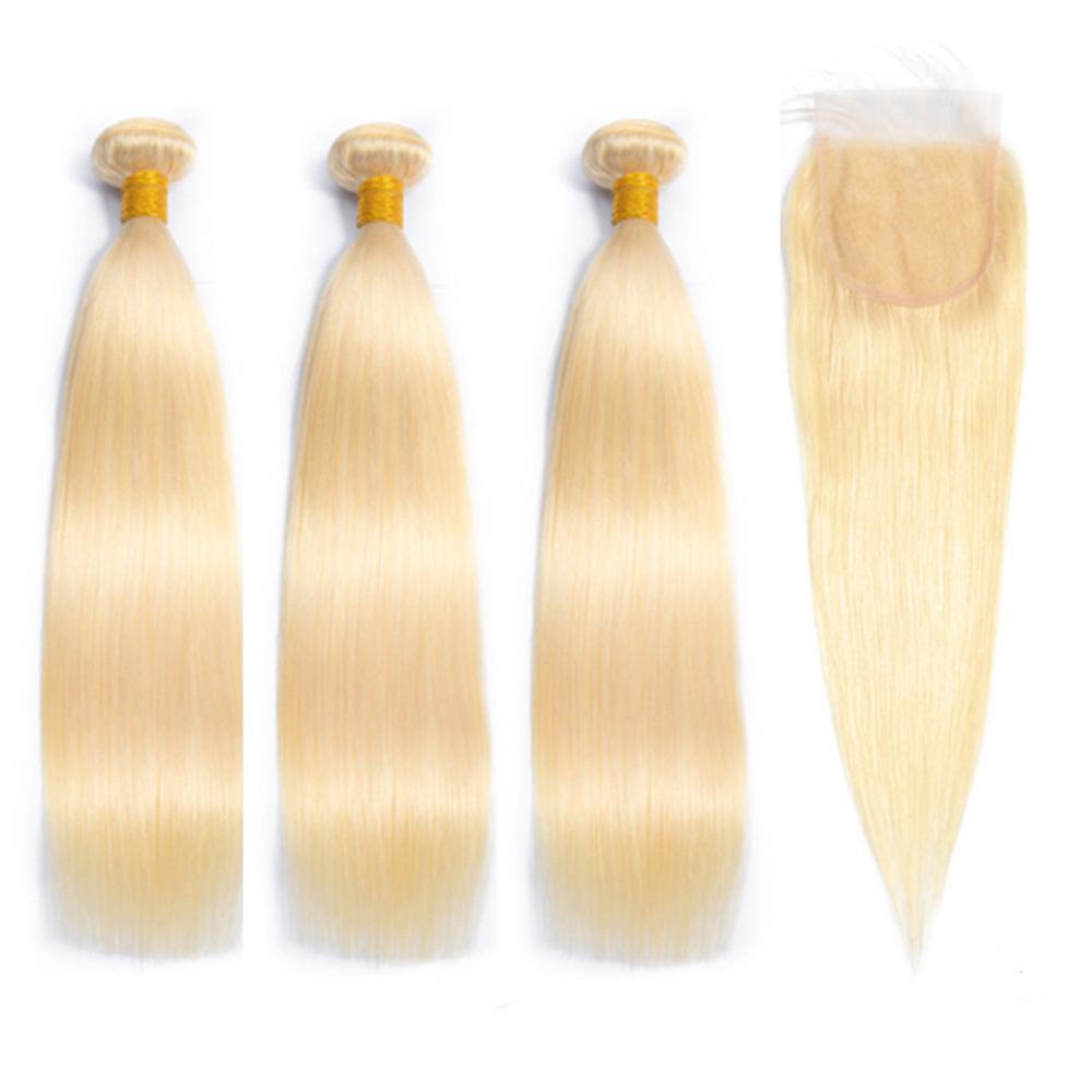 
            
                Load image into Gallery viewer, 613 Blonde Straight Human Hair 3 bundles with Closure
            
        