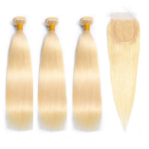 
            
                Load image into Gallery viewer, 613 Blonde Straight Human Hair 3 bundles with Closure
            
        
