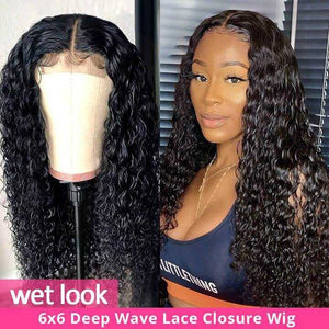 Sdamey Deep Wave Wig 4x4 5x5 6x6 Transparent Lace Closure Wig Human Hair