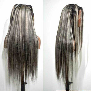 Original Platinum Blonde Highlights Straight Mixed Color Transparent  Lace Human Hair Wigs