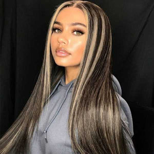 Blonde Highlight with Grey In Piano Color Glueless Closure Straight Wig 180% Brazilian Human Hair