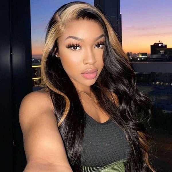 
            
                Load image into Gallery viewer, Blonde Skunk Stripe Hair Body Wave 13x4 Lace Frontal Wigs Brazilian Human Hair Natural Color
            
        