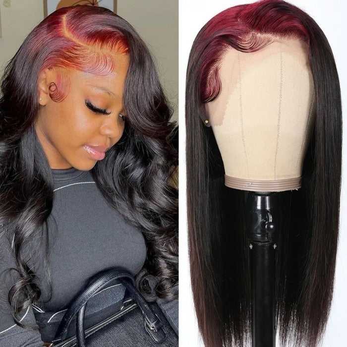 Red Roots T99J/1B Color Straight Human Hair Wigs Pre Plucked With Baby Hair