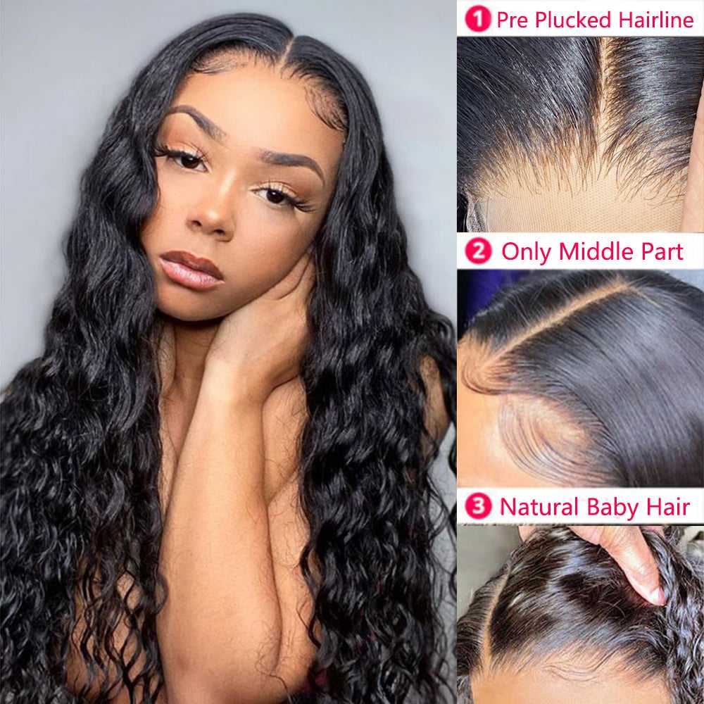 
            
                Load image into Gallery viewer, Water Wave 13*1 T Part Lace Front Human Hair Wigs Pre-Plucked With Baby Hair
            
        